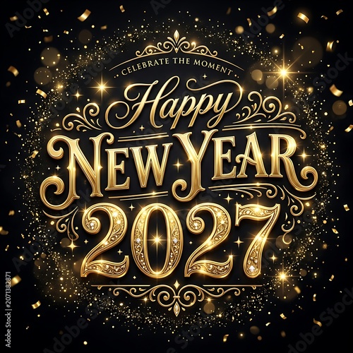 Beautiful happy new year 2027 golden typography with celebrate the moment message.