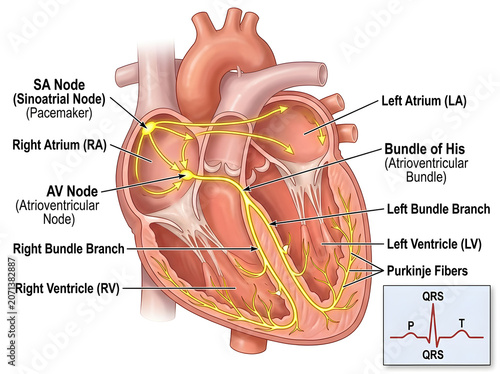 Human heart diagram showing electrical conduction system isolated on white background
