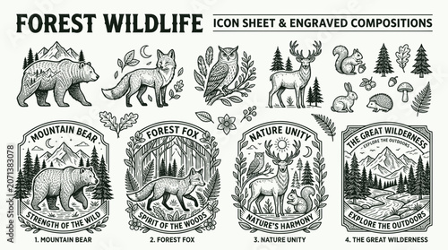 Obraz na płótnie Forest wildlife icon sheet composition.