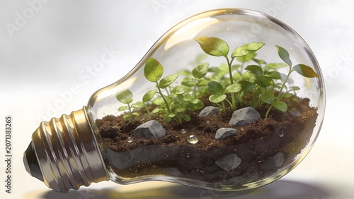 Lush green plants grow inside a clear light bulb, symbolizing new ideas, sustainable energy, and environmental conservation.