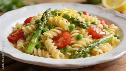 Delicious pasta primavera with fresh asparagus, cherry tomatoes, and peas.