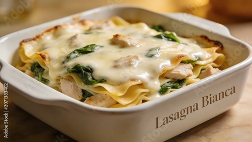 Delicious Lasagna Bianca with Creamy Chicken and Fresh Spinach baked in a ceramic dish.