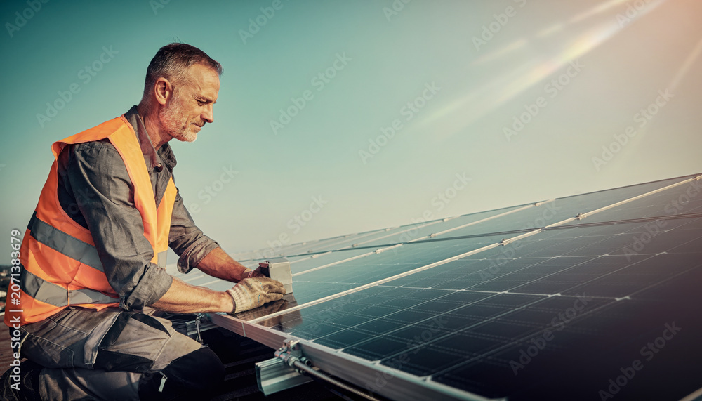 Fototapeta premium Solar Electrician Working on Rooftop Panel Array