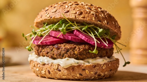 Close-up of a delicious vegan burger with fresh sprouts and beet slices on a seeded bun.
