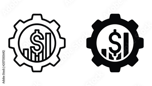 Financial gear cog with dollar sign and bar chart icon as a flat vector graphic illustration for economic optimization business performance analysis and industrial financial management concepts