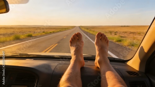 Barefoot traveler enjoys a sunny road trip with feet up on the dashboard.