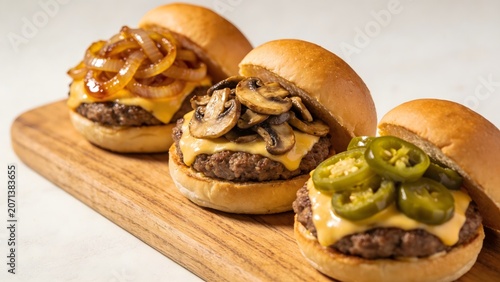 Three gourmet burgers with various toppings including caramelized onions, mushrooms, and jalapeños, served on a wooden board.