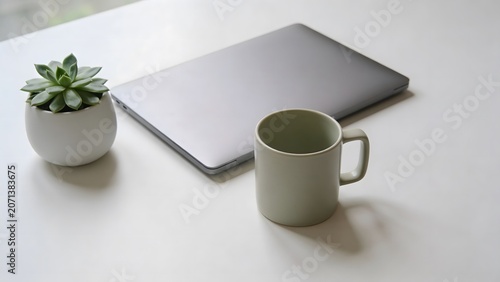 Minimalist workspace with a closed laptop, a ceramic coffee mug, and a succulent on a white desk.