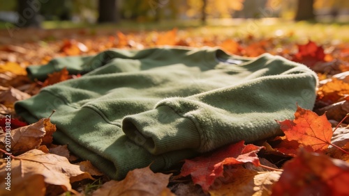 Green sweatshirt lying on colorful fallen maple leaves in a sunny autumn park.