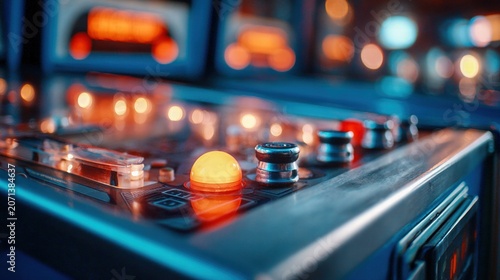 Close-up of a classic pinball machine with illuminated buttons and lights.