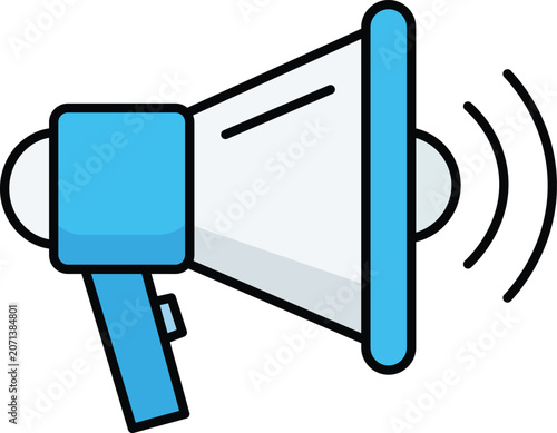 Blue megaphone with sound wave lines and key attachment waves