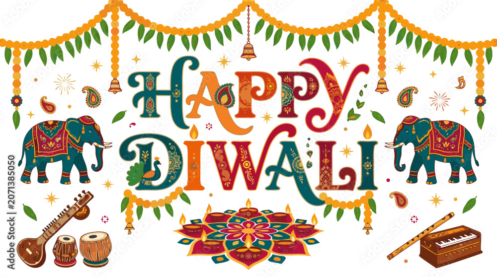 Fototapeta premium Vibrant happy diwali celebration graphic with colorful elephants and musical instruments
