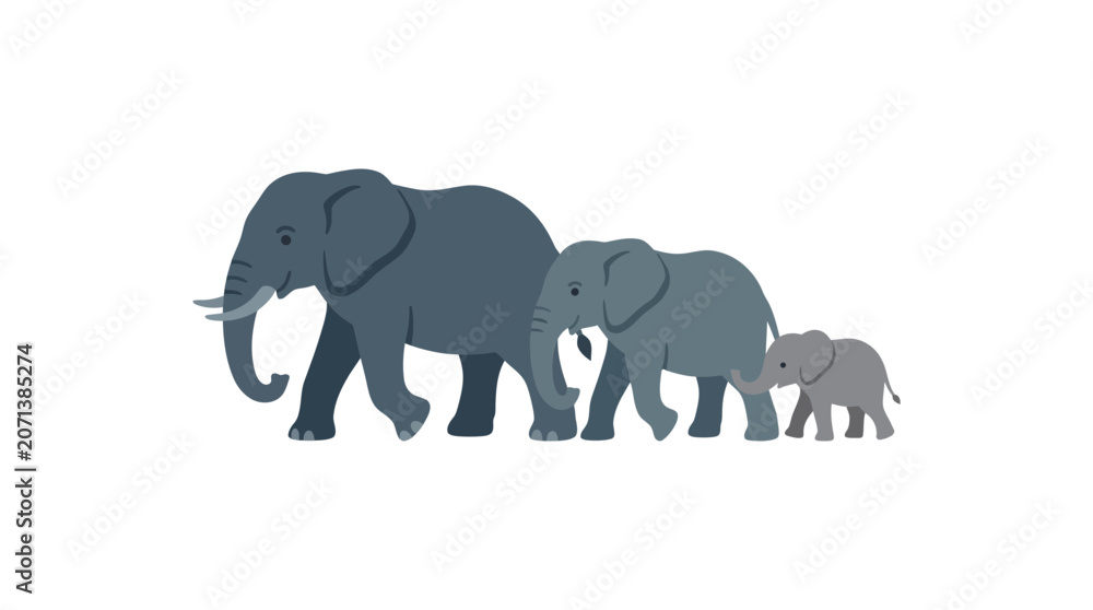 Fototapeta premium Elephant Family with Adult and Calf Walking Together in Flat Vector Illustration Style