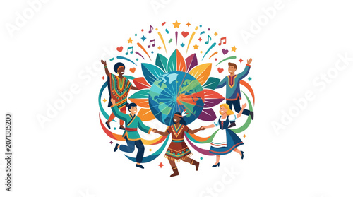Diverse multicultural people dancing around the globe celebrating international unity and peace