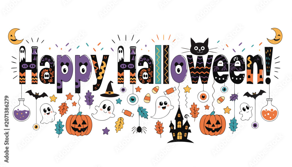 Fototapeta premium Colorful halloween greeting with festive decorations and characters