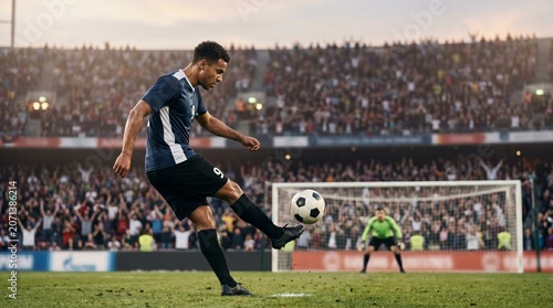 Professional soccer player kicking ball towards the goal during a stadium match