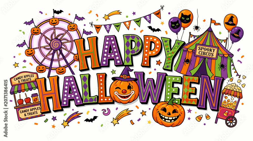 Fototapeta premium Colorful halloween graphic with happy halloween text and festive carnival elements