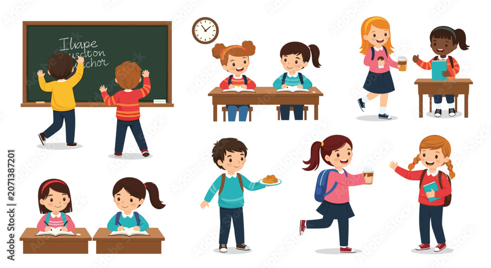 Fototapeta premium Collection of diverse primary school children engaged in various activities like reading, writing on chalkboard, and having snacks together.