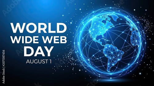 Glowing blue Earth on dark background with World Wide Web Day text
