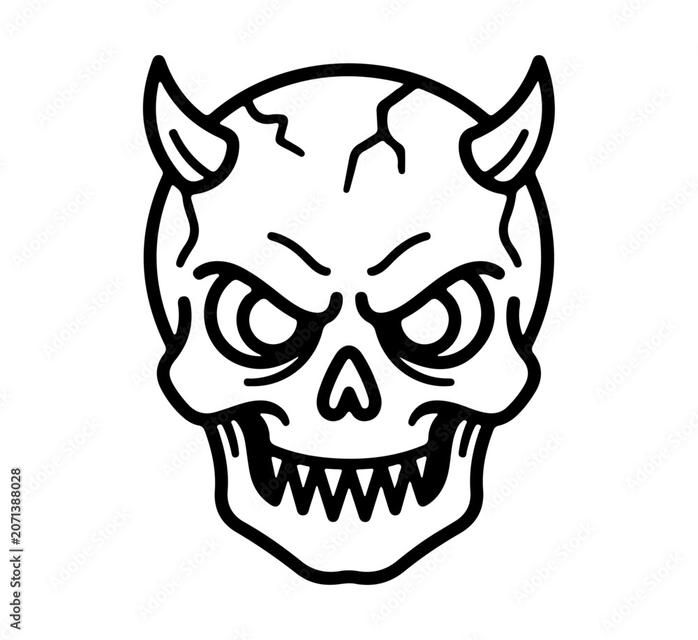 Fototapeta premium horned demon skull illustration with grinning teeth and devil horns tattoo design on white background