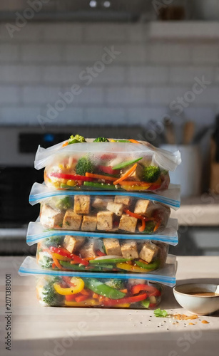 Organized batch cooking with fresh vegetables and protein stored in transparent freezer bags on a kitchen counter