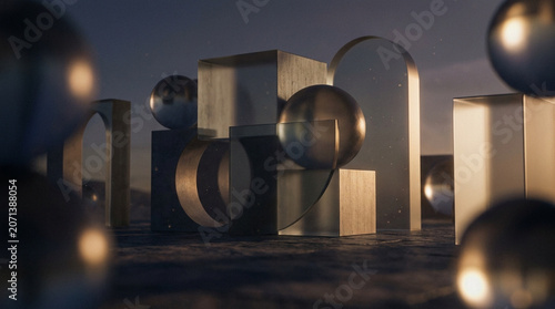 3D Rendered Geometric Shapes with Metallic Finish and Abstract Composition