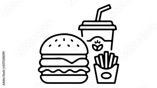 Fotografie fast food burger meal with fries and soft drink icon line art for menu or delive