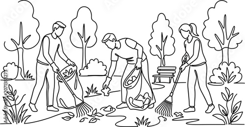 Fotografie Group of volunteers cleaning up park together.