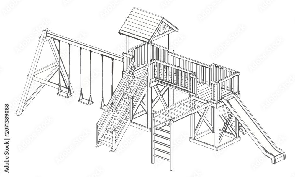 Fototapeta premium Isometric wooden playground structure wireframe vector illustration