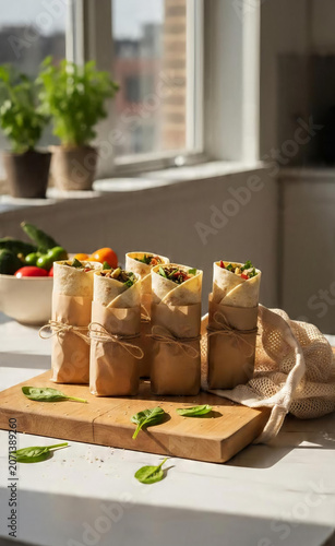 Flavorful and wholesome homemade wraps, individually portioned and neatly presented on a rustic wooden board, bathed in natural light, perfect for a healthy on-the-go meal