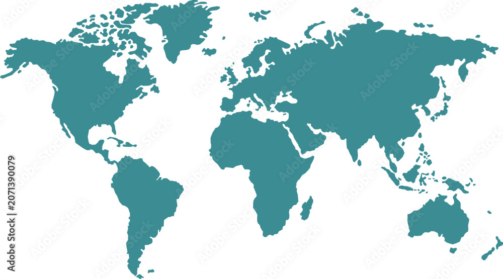 Fototapeta premium Teal Silhouette World Map Vector Illustration Isolated on White Background