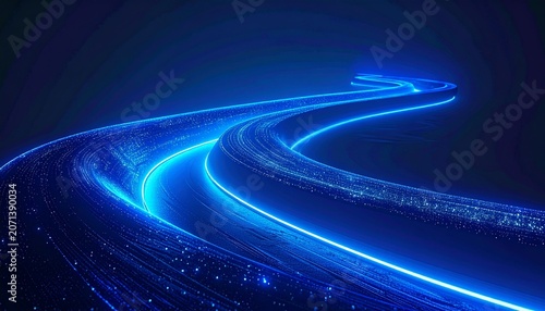 Dynamic abstract digital path glowing in vibrant blue light, representing high-speed data transfer and intricate network connections across a futuristic technological landscape