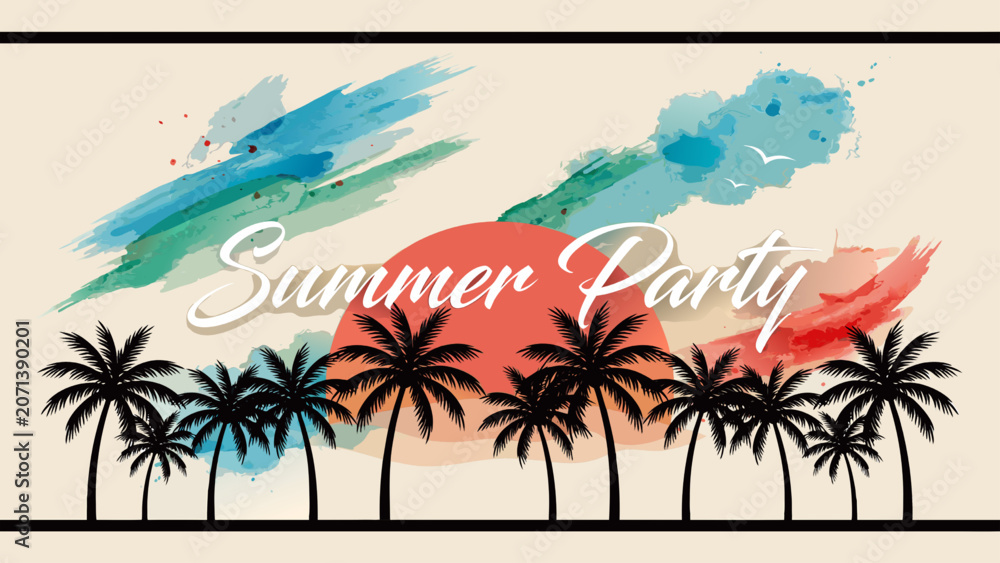 Obraz premium summer party vector background, tropical sunset with palm trees, watercolor beach party banner, retro summer sunset illustration, tropical vacation poster design