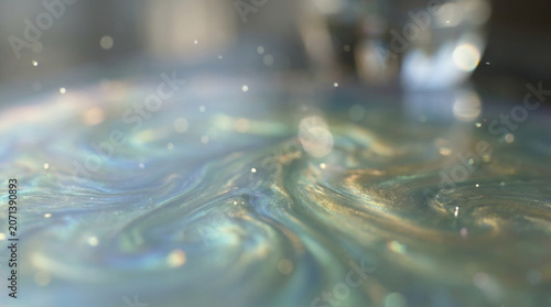 Glistening Liquid Surface with Iridescent Reflections and Sparkling Droplets
