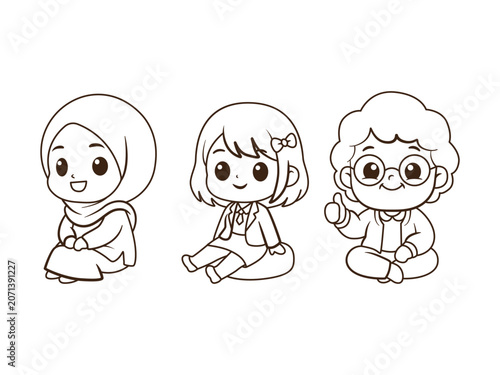 Chibi Diverse Girls Coloring Page Line Art Set