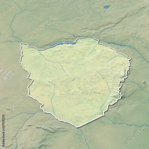 Animated 3-dimensional map of the country of Zimbabwe with borders in format 1080p