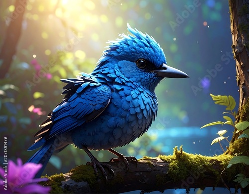 A vibrant blue bird perches serenely on a moss-covered branch, sunlit forest background enhancing the vivid scene