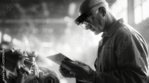 Technician uses augmented reality glasses for industrial inspection and data analysis