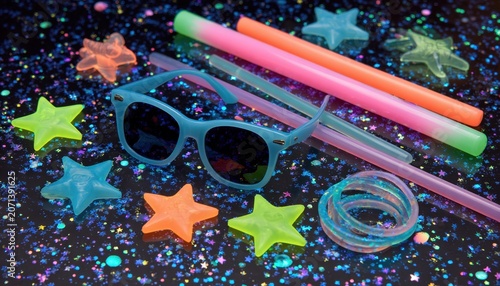 Glow-in-the-dark party favors and blue sunglasses scattered on a sparkling glitter surface