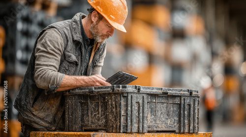 Warehouse worker in hard hat checks inventory on tablet device near storage crates