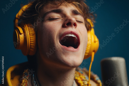 Young person with bright headphones singing passionately into a microphone