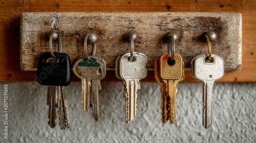 Vintage wooden key holder with five assorted keys hanging neatly