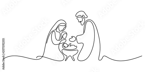 Bild auf Leinwand Continuous one line drawing of the holy family with baby jesus in a manger