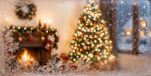 Merry Christmas Day Celebration Background with Festive Decorations and Winter Magic Background.