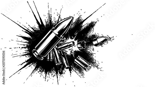 Bild auf Leinwand Bullet and Cartridge Vector Illustration with Splatter Ink Effects and Dynamic S