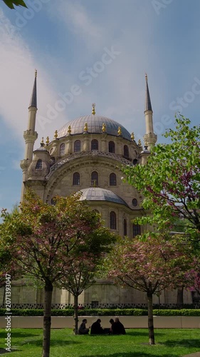 The historic Nuruosmaniye Mosque in Istanbul framed by beautiful pink flowering trees in a lush green park during spring season
