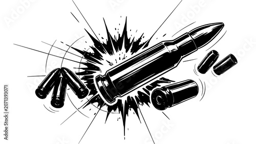 Fotografie Bullet Casing Illustration with Gunshot Impact Splatter and Dynamic Comic Style