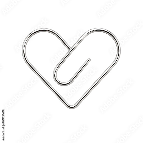 Silver paperclip bent into a heart shape isolated on transparent background