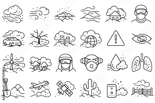 Fotografie dust storm sandstorm air pollution and desertification weather hazard line icons