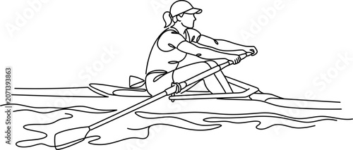 Photos Continuous line drawing of a woman rowing a scull boat.